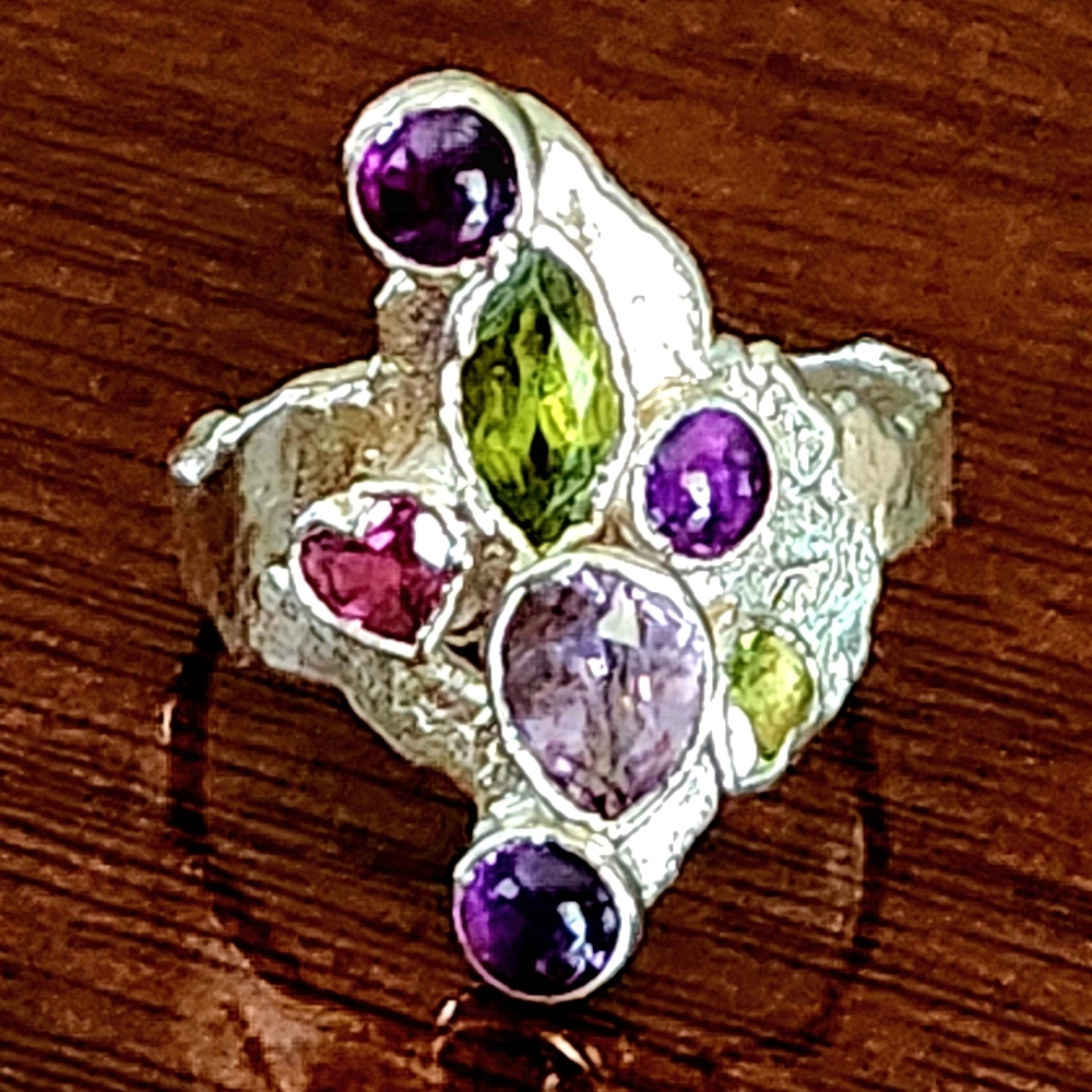 VINTAGE '70'S .999 FINE SILVER Multi Gemstone Modern Brutalist Ring-sz.6.5